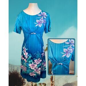 Vintage 60s Tina Fashions Waikiki Hawaiian Orchid Empire Waist Wiggle Dress M